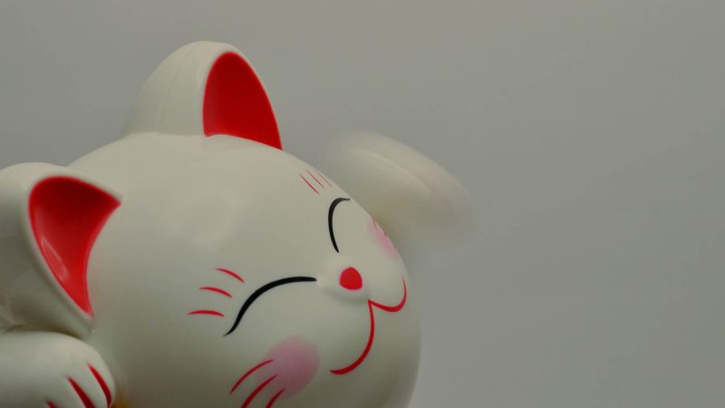 A close-up image of a lucky money cat which has one waving paw whilst the other holds onto a golden coin. The cat is white, with red inner ears and red facial features.