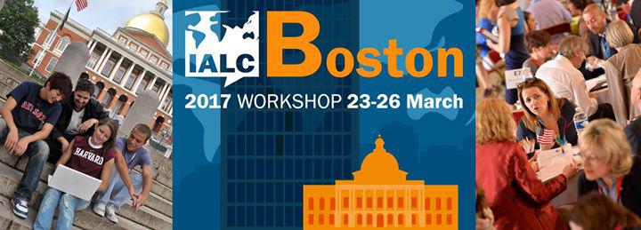 Promotional banner graphic for the IALC Boston 2017 event, showing students on the steps of a school building, the event logo, and delegates at the conference.